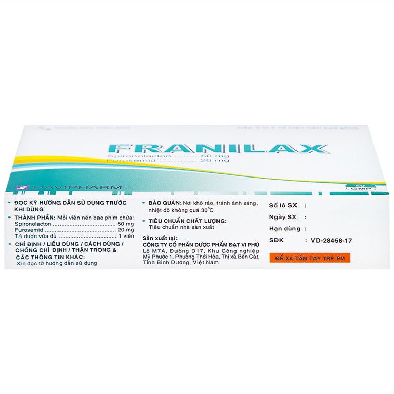 Thuốc Franilax 50mg/20mg Davipharm ngăn chặn sự tích tụ nước trong cơ thể (3 vỉ x 10 viên)