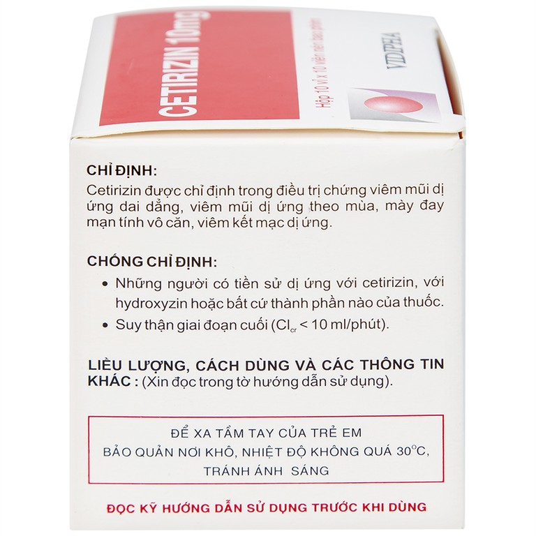 Thuốc Cetirizin 10mg Vidipha điều trị triệu chứng viêm mũi dị ứng, mày đay (10 vỉ x 10 viên)