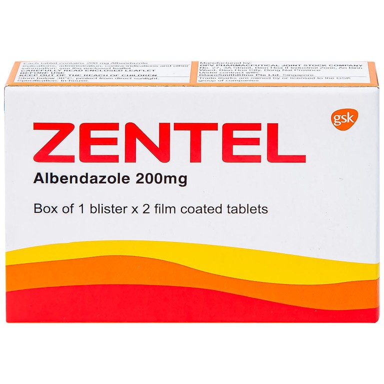 Thuốc Zentel Albendazole 200mg GSK điều trị các loại giun đường ruột nhạy cảm (1 vỉ x 2 viên)