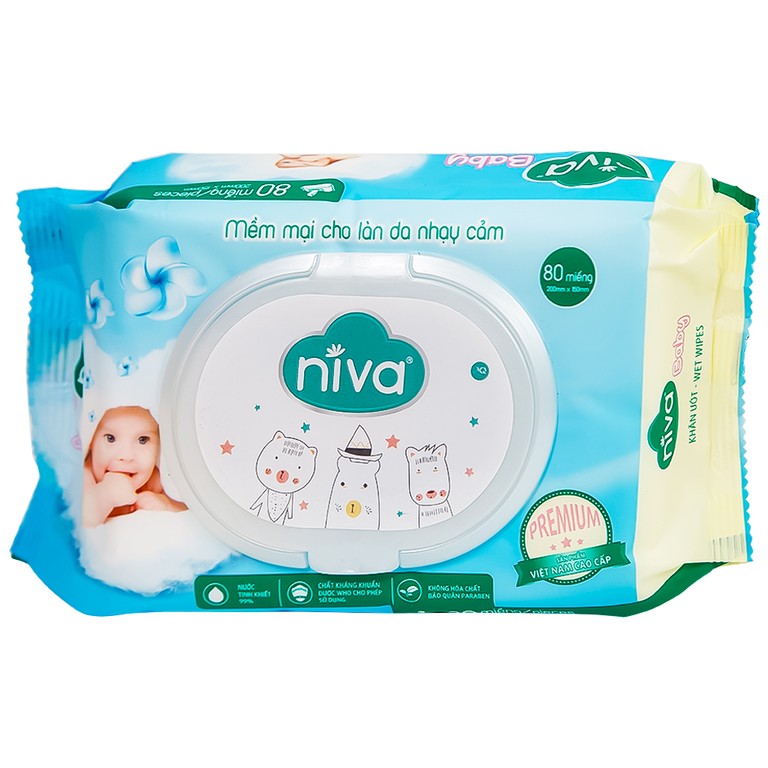 Khăn ướt Niva Baby làm sạch, kháng khuẩn và giữ vệ sinh (80 miếng)