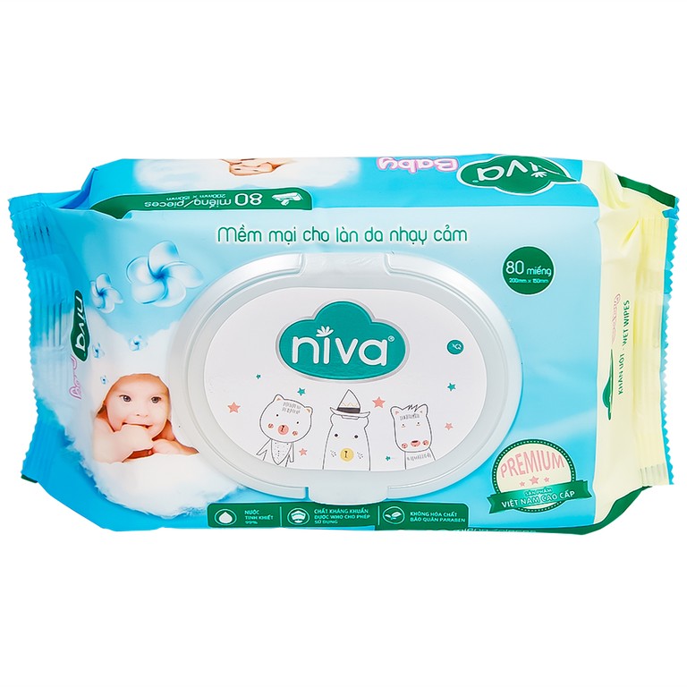 Khăn ướt Niva Baby làm sạch, kháng khuẩn và giữ vệ sinh (80 miếng)