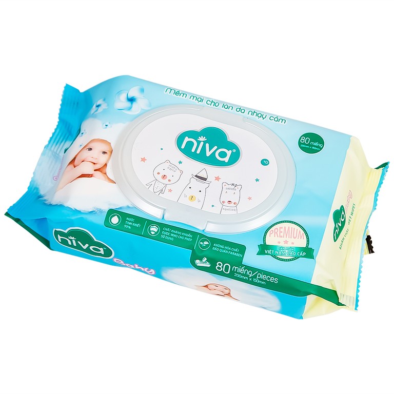 Khăn ướt Niva Baby làm sạch, kháng khuẩn và giữ vệ sinh (80 miếng)