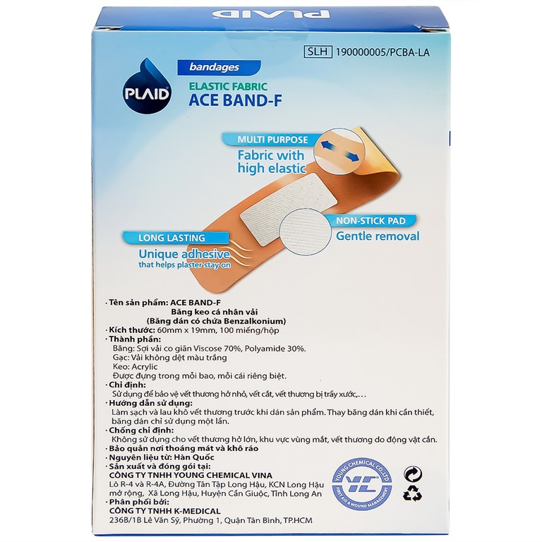 Băng keo cá nhân vải Elastic Fabric Ace Band-F 60mm x 19mm Young Chemical bảo vệ vết thương (100 miếng)