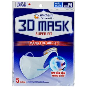 Khẩu trang Unicharm 3D Mask Super Fit  size M hỗ trợ ngăn khói, bụi, kháng khuẩn (5 cái)
