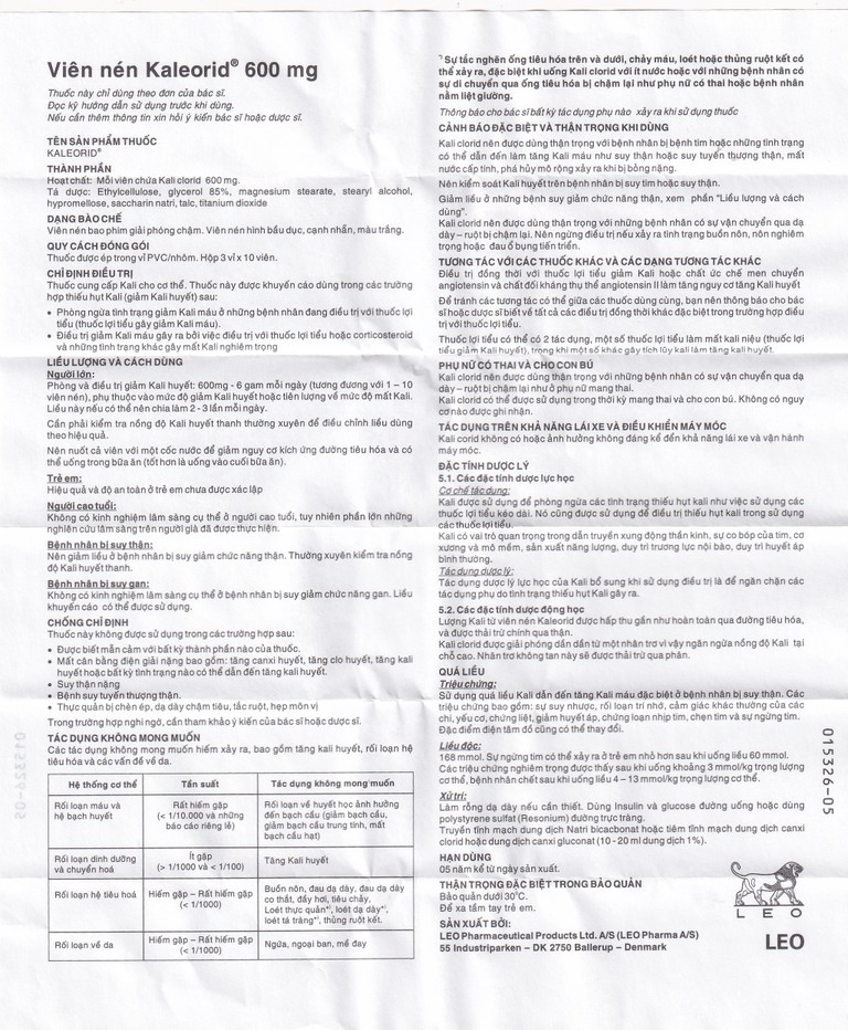 Viên nén Kaleorid 600mg LEO phòng ngừa và điều trị giảm kali huyết (3 vỉ x 10 viên)