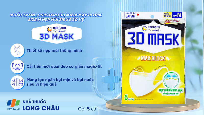 KHẨU TRANG UNICHARM 3D MASK MAX BLOCK - NẸP MŨI SIÊU BẢO VỆ SIZE M GÓI 5 CÁI 1