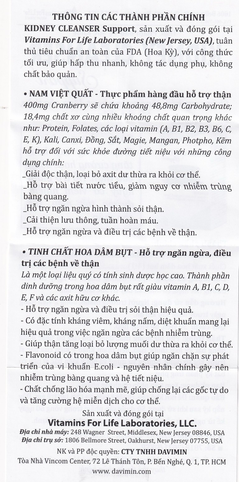 Viên uống Kidney Cleanser Support chống oxy hóa, giảm nguy cơ viêm đường tiết niệu (30 viên)
