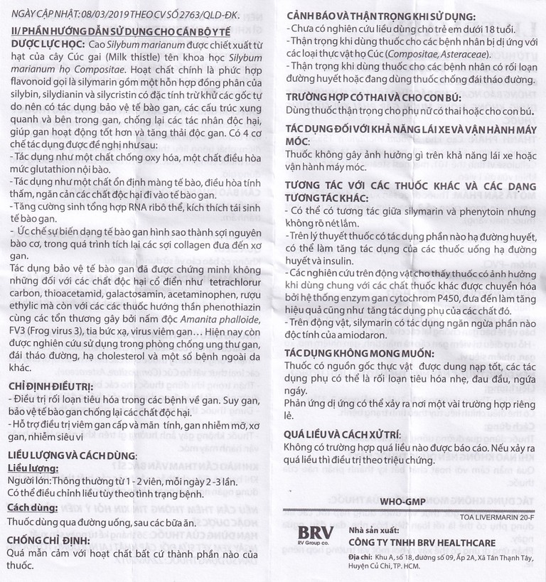 Thuốc Livermarin 70mg Brv điều trị rối loạn tiêu hoá, viêm gan cấp và mãn tính (3 vỉ x 10 viên)