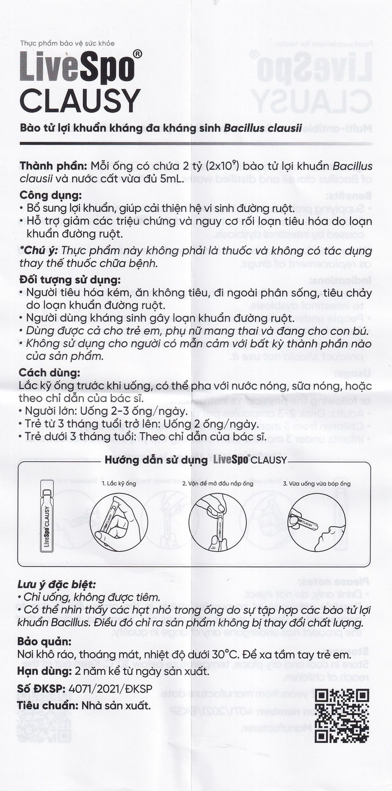 Dung dịch LiveSpo Clausy bổ sung lợi khuẩn, giúp cân bằng hệ vi sinh đường ruột (25 ống x 5ml)
