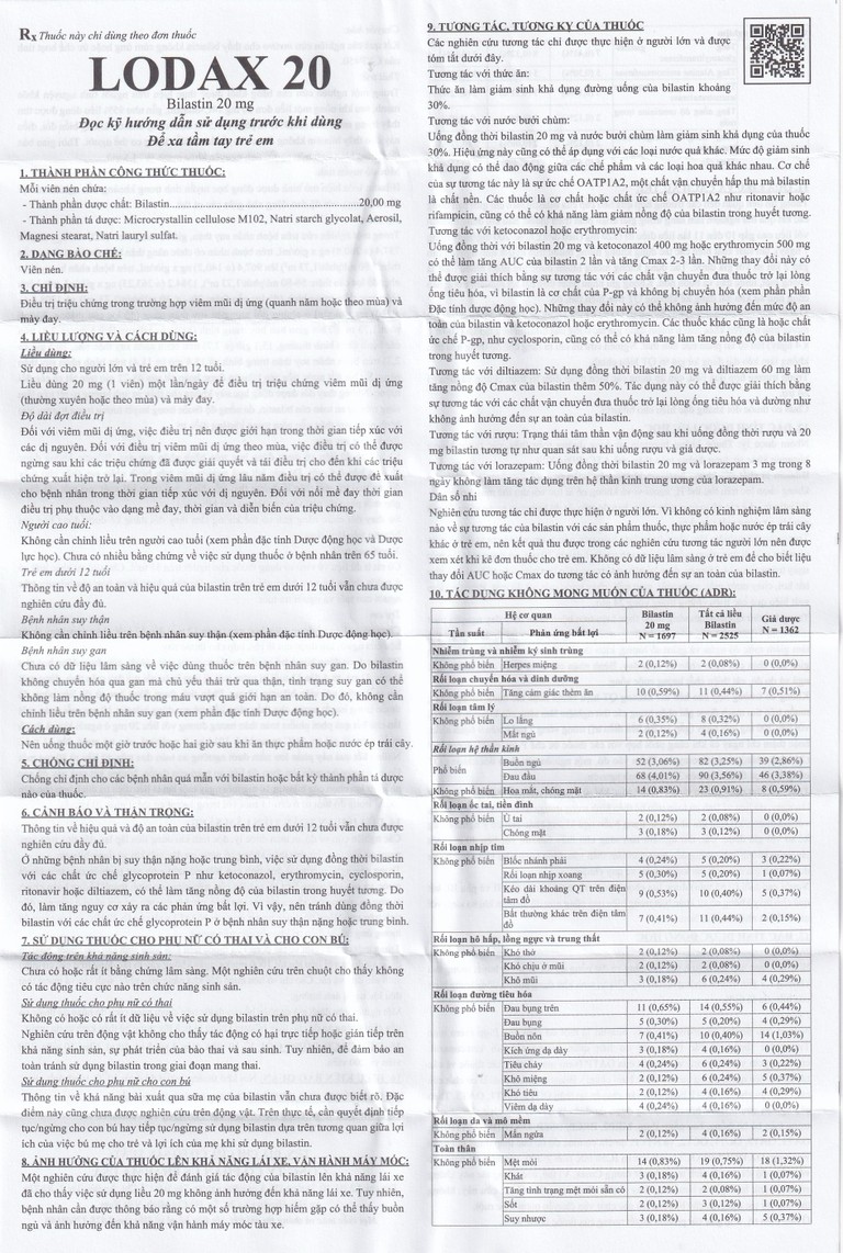 Thuốc Lodax 20mg USP điều trị triệu chứng trong trường hợp viêm mũi dị ứng và mày đay (3 vỉ x 10 viên)