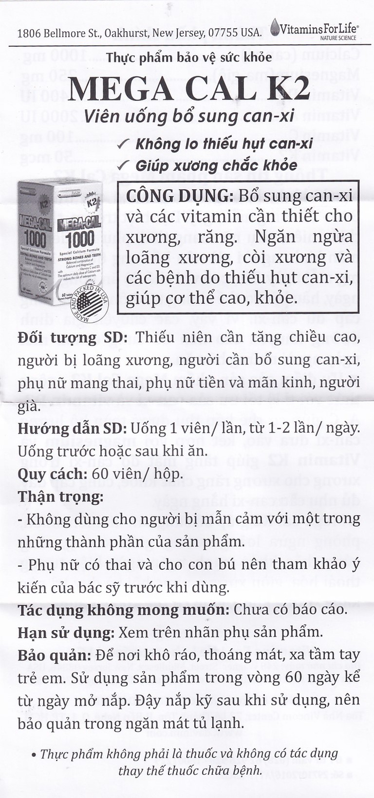 Viên uống Mega-Cal 1000 Vitamins For Life giúp bổ sung canxi, chống loãng xương (60 viên)