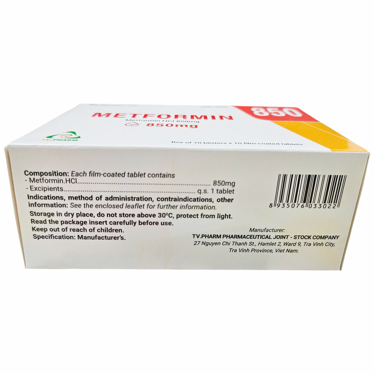 Thuốc Metformin 850mg TV.Pharm điều trị bệnh đái tháo đường (10 vỉ x 10 viên)