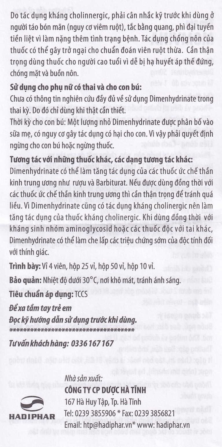 Thuốc chống say tàu xe Momvina Hadiphar điều trị chứng buồn nôn, nôn, chóng mặt (25 vỉ x 4 viên)