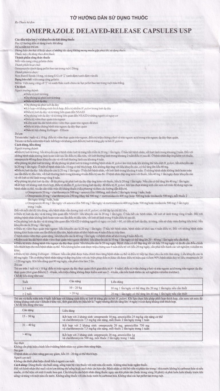 Thuốc Omeprazole 20mg Delayed Release Brawn điều trị loét dạ dày tá tràng (10 vỉ x 10 viên)