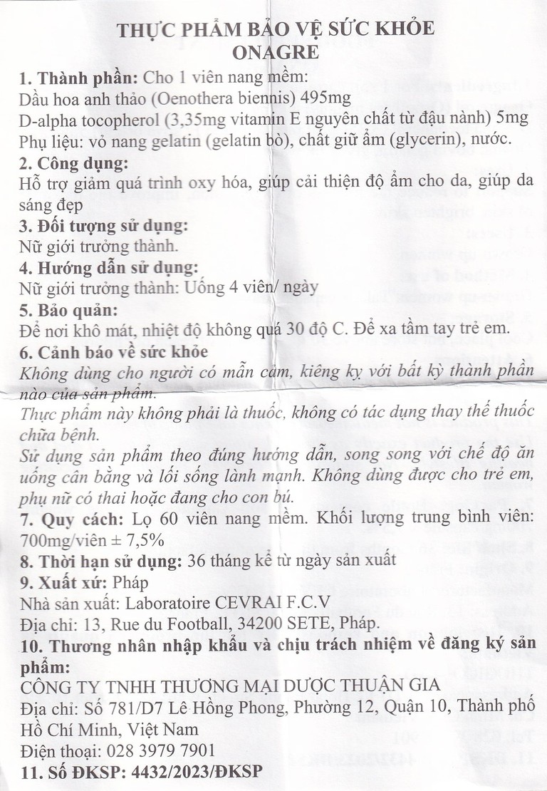 Viên uống Onagre Cevrai hỗ trợ giảm quá trình oxy hóa, giúp cải thiện độ ẩm cho da, giúp da sáng đẹp (60 viên)