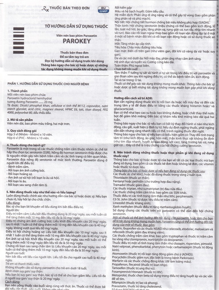 Viên nén Parokey 20mg DaViPharm điều trị trầm cảm, rối loạn ám ảnh cưỡng bức (3 vỉ x 10 viên)