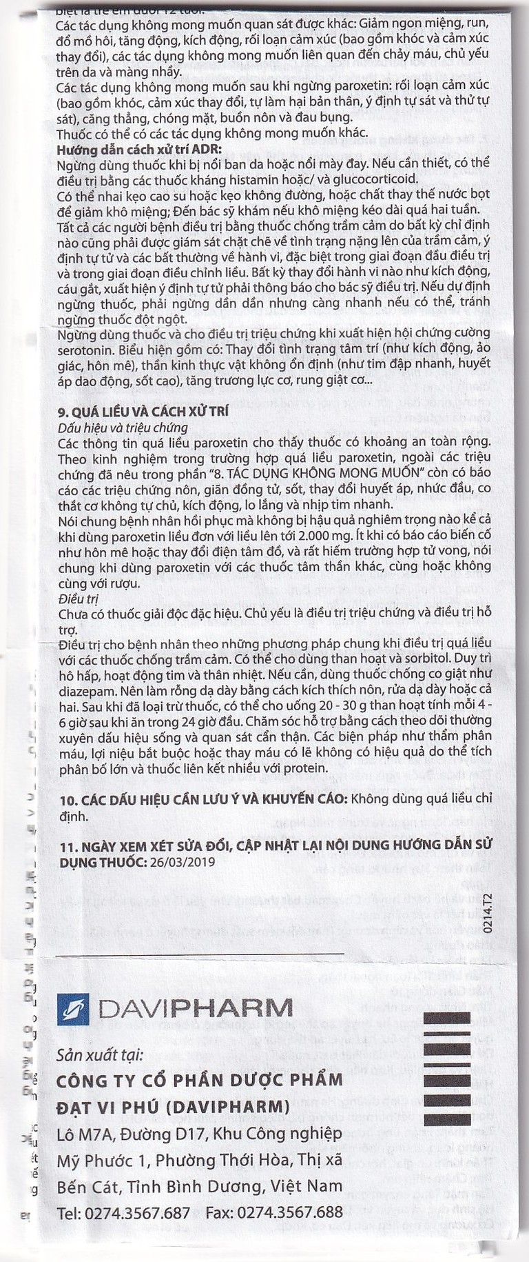 Viên nén Parokey 20mg DaViPharm điều trị trầm cảm, rối loạn ám ảnh cưỡng bức (3 vỉ x 10 viên)