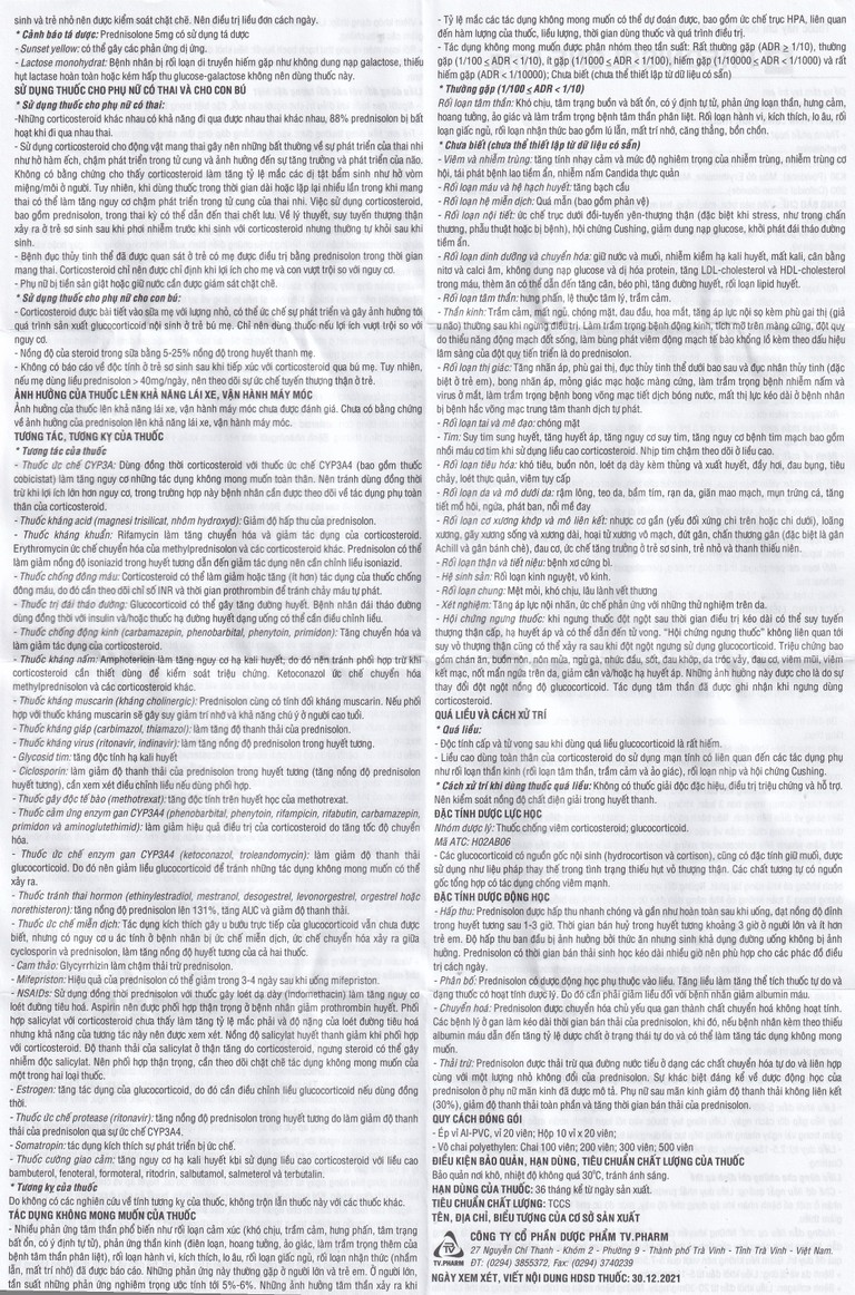 Thuốc Prednisolone 5mg TV.Pharm chống viêm, chống dị ứng và ức chế miễn dịch (10 vỉ x 20 viên)