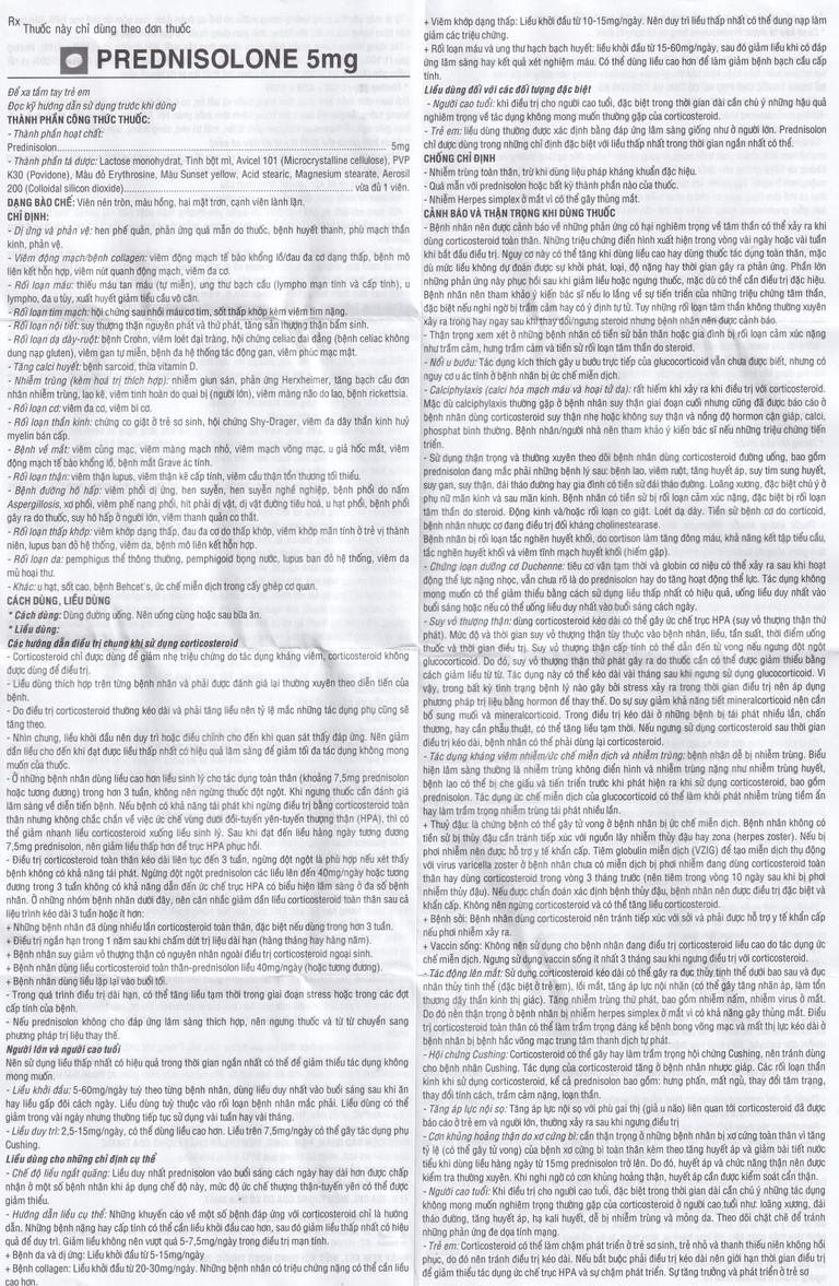 Thuốc Prednisolone 5mg TV.Pharm chống viêm, chống dị ứng và ức chế miễn dịch (10 vỉ x 20 viên)
