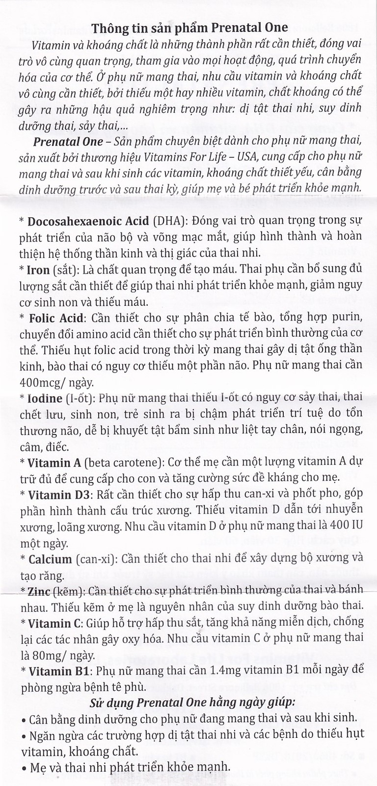 Thực phẩm bảo vệ sức khỏe Prenatal One Vitamins For Life cung cấp DHA, vitamin và khoáng chất