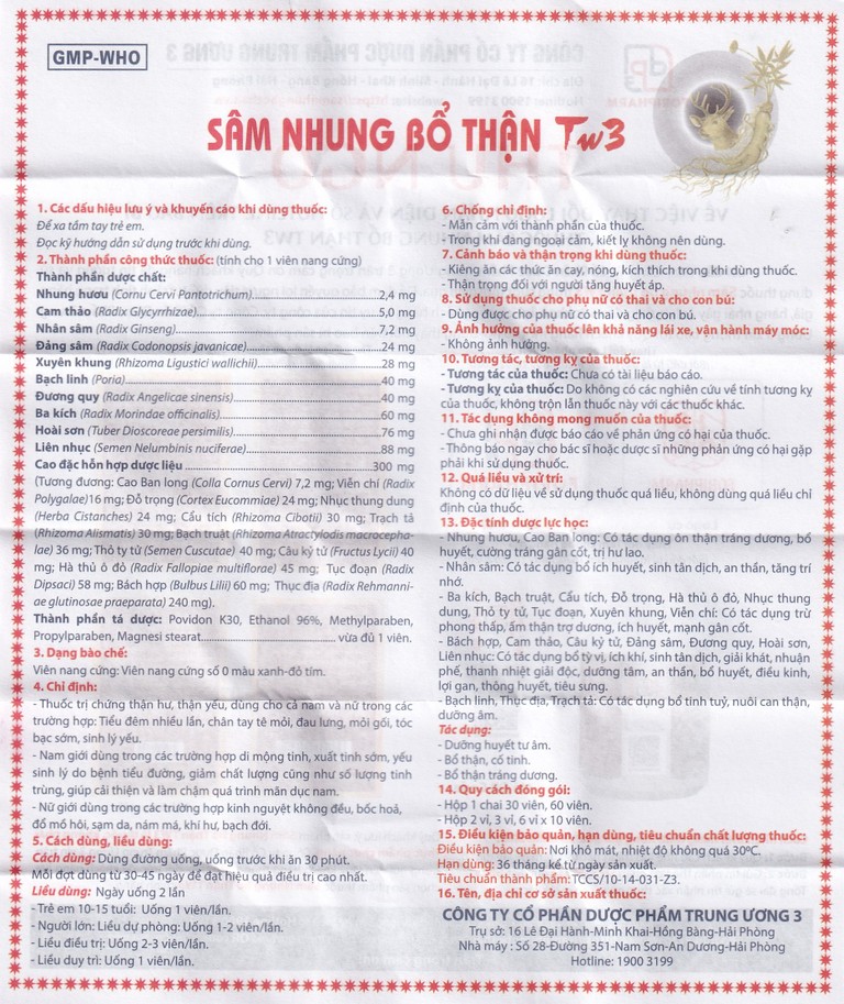 Thuốc Sâm Nhung Bổ Thận TW3 dưỡng huyết tư âm, bổ thận, cố tinh (30 viên)