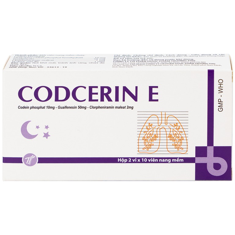 Thuốc Codcerin E Trường Thọ điều trị viêm phế quản, viêm họng, viêm phổi, ho do kích ứng (2 vỉ x 10 viên)