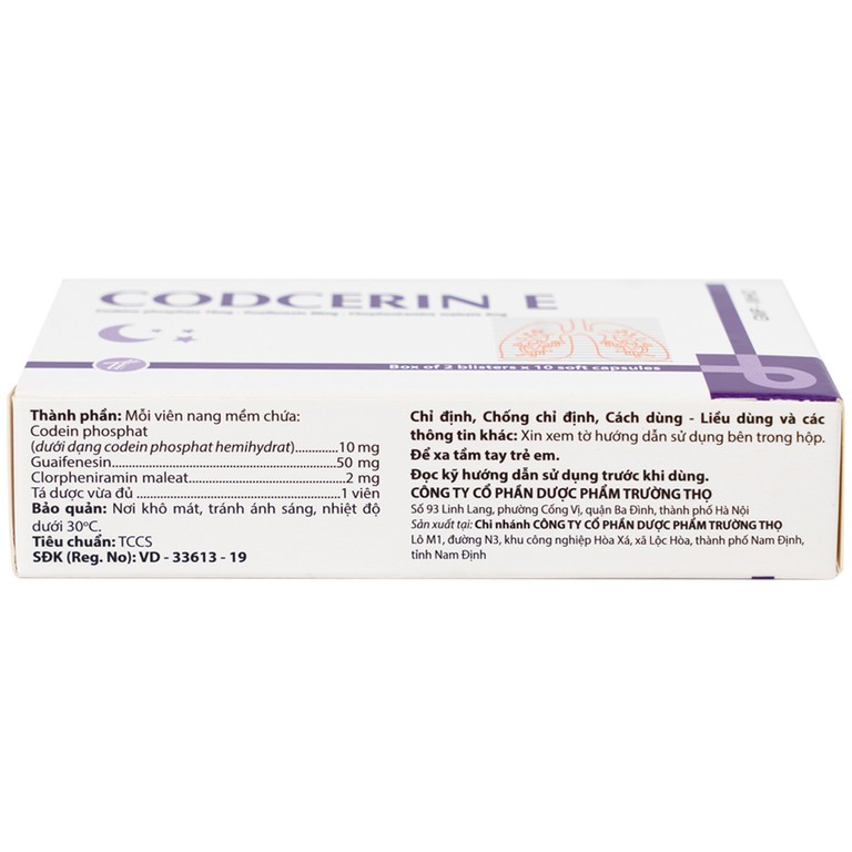 Thuốc Codcerin E Trường Thọ điều trị viêm phế quản, viêm họng, viêm phổi, ho do kích ứng (2 vỉ x 10 viên)