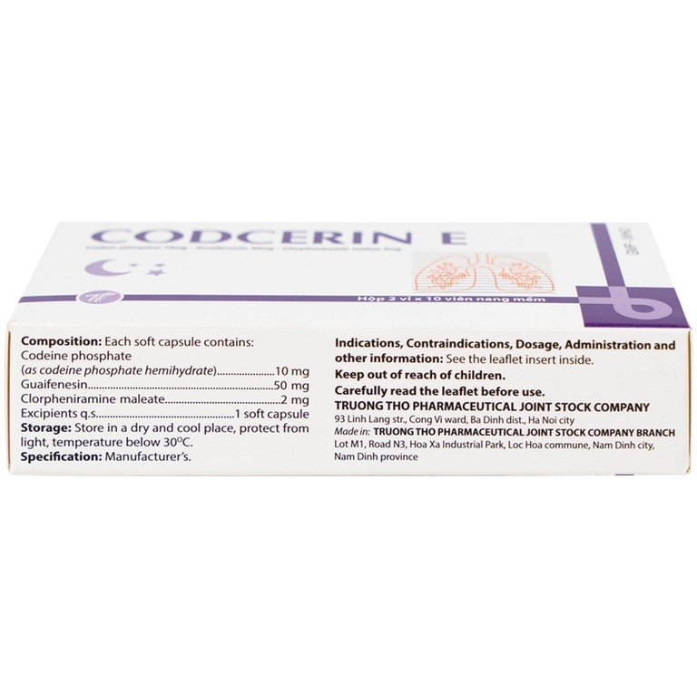 Thuốc Codcerin E Trường Thọ điều trị viêm phế quản, viêm họng, viêm phổi, ho do kích ứng (2 vỉ x 10 viên)