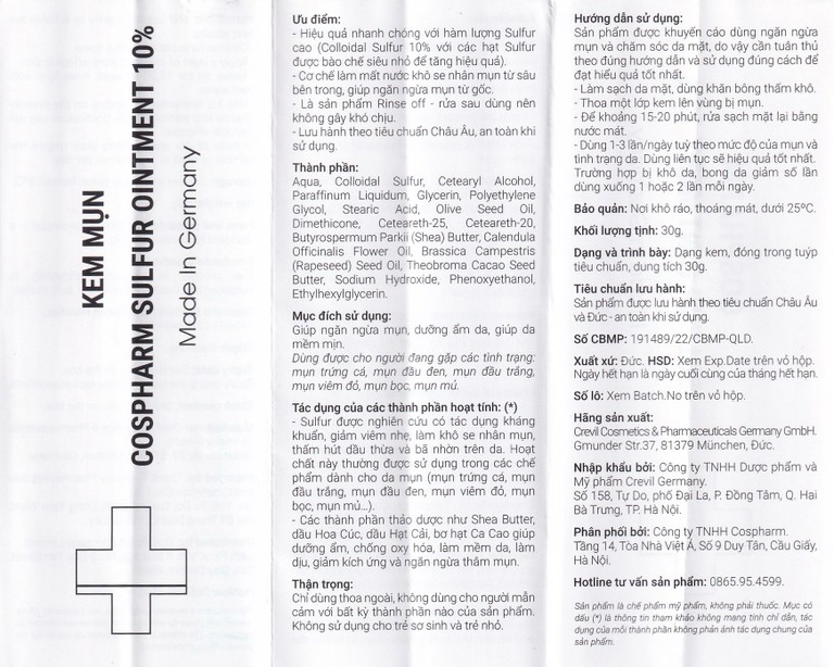 Kem bôi Sulfur 10% Ointment Cospharm hỗ trợ cải thiện tình trạng mụn và giảm viêm sưng (30g)