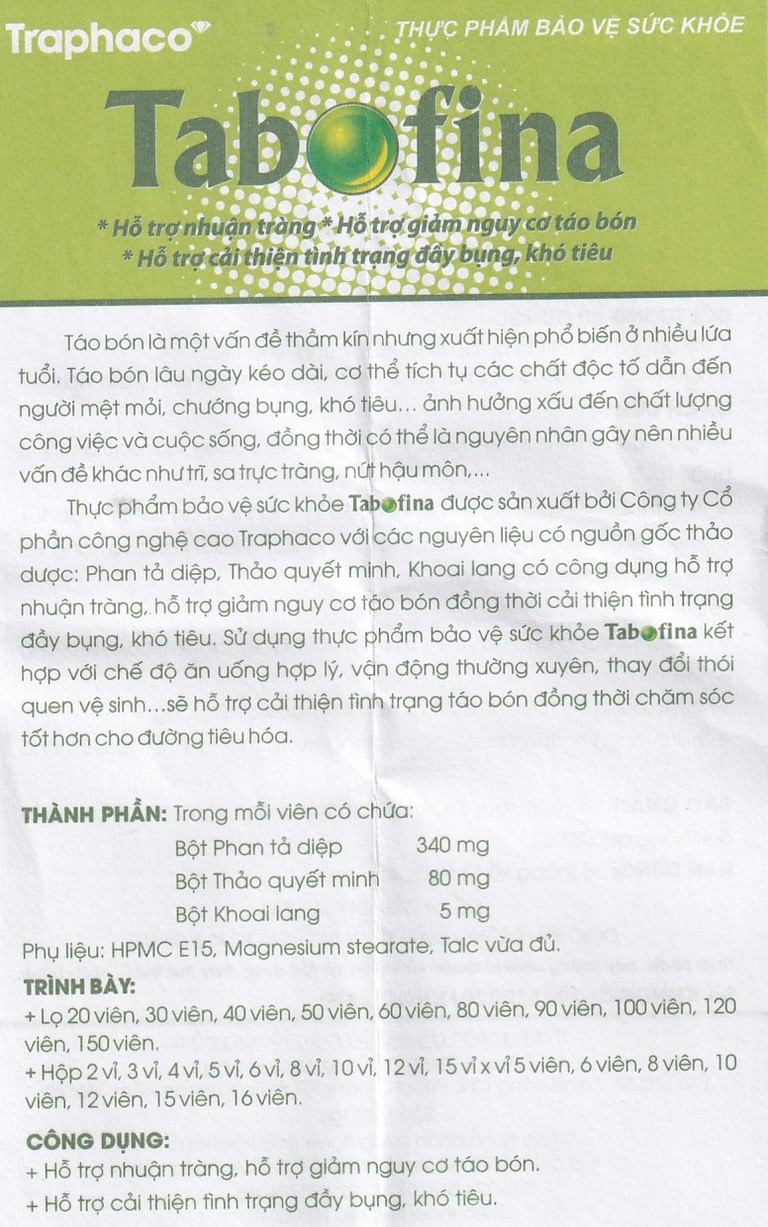 Viên uống Tabofina Traphaco hỗ trợ nhuận tràng, giảm nguy cơ táo bón (3 vỉ x 10 viên)