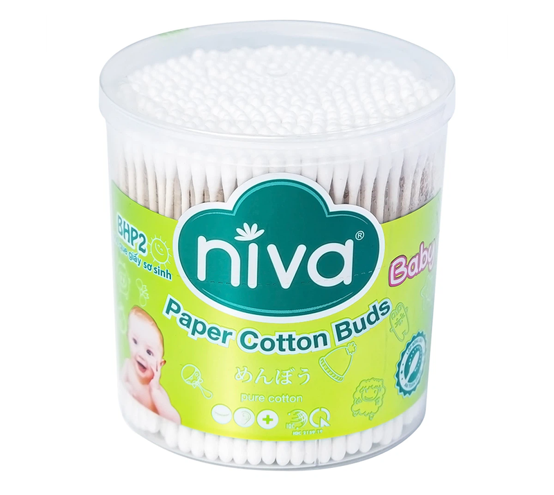 Tăm bông Niva Baby Bhp2 hũ xoay mềm mại, không xơ bông cho bé (400 que giấy)