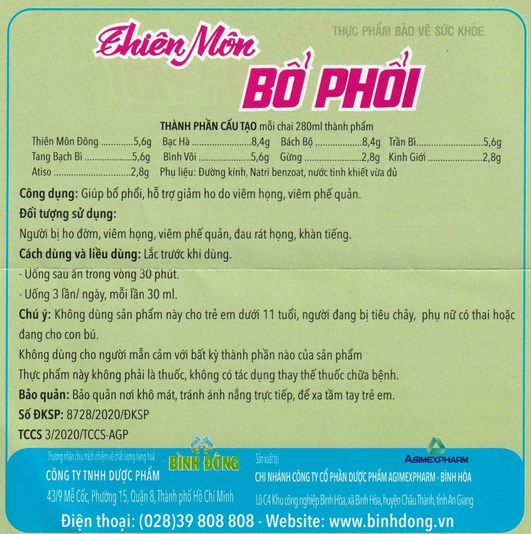 Dung dịch Thiên Môn Bổ Phổi Bình Đông giúp giảm ho, bổ phổi (280ml)