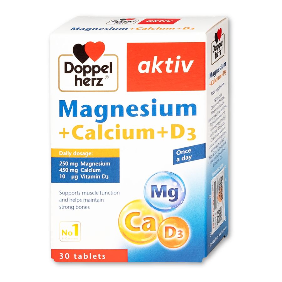Thực phẩm bảo vệ sức khoẻ Magnesium + Calcium + D3 Doppelherz Aktiv hỗ trợ xương chắc khỏe, bổ sung vitamin D3, canxi và magie (Hộp 30 viên)