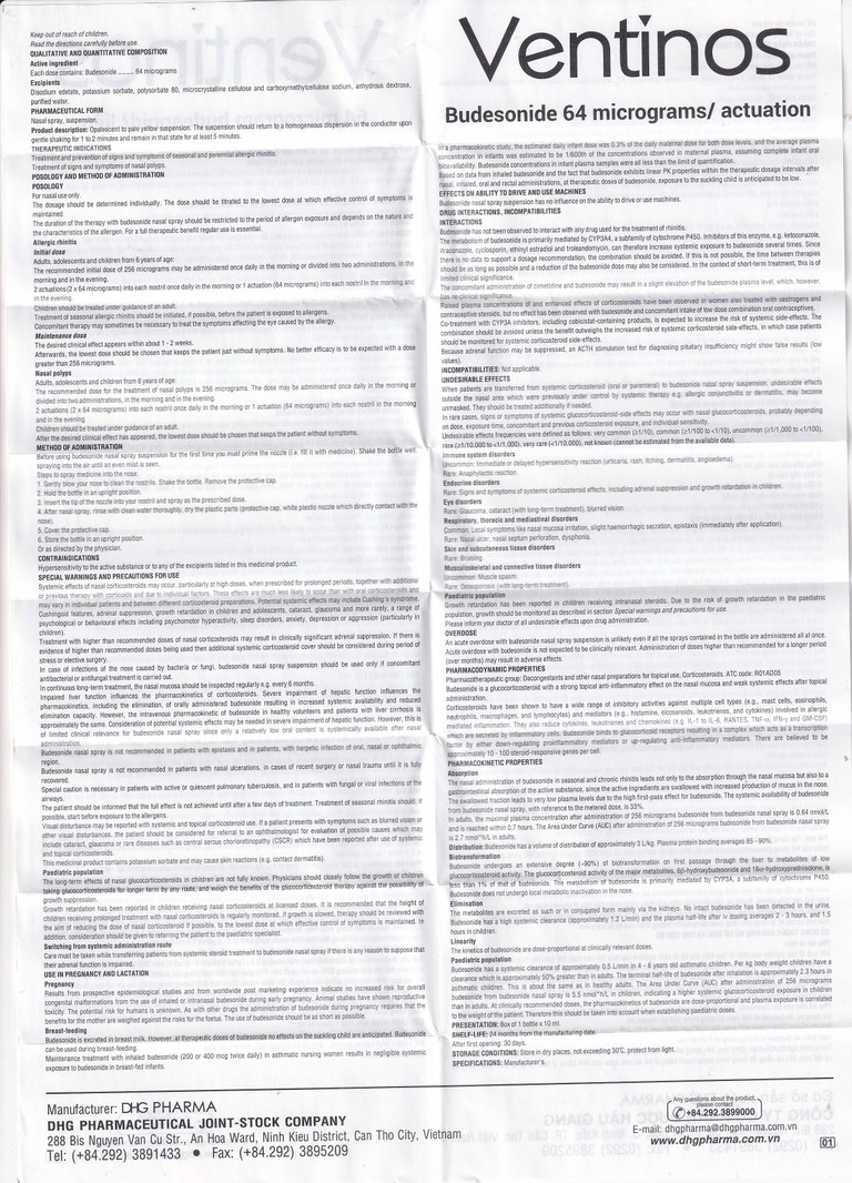 Thuốc Ventinos 64mcg DHG điều trị và phòng ngừa các dấu hiệu và triệu chứng của viêm mũi dị ứng (10ml)
