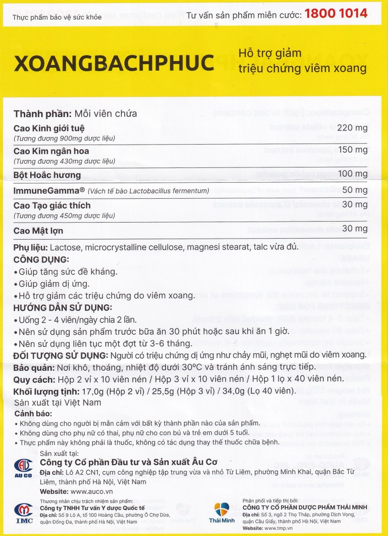 Viên uống Xoang Bach Phuc Thái Minh hỗ trợ giảm triệu chứng viêm xoang (2 vỉ x 10 viên)