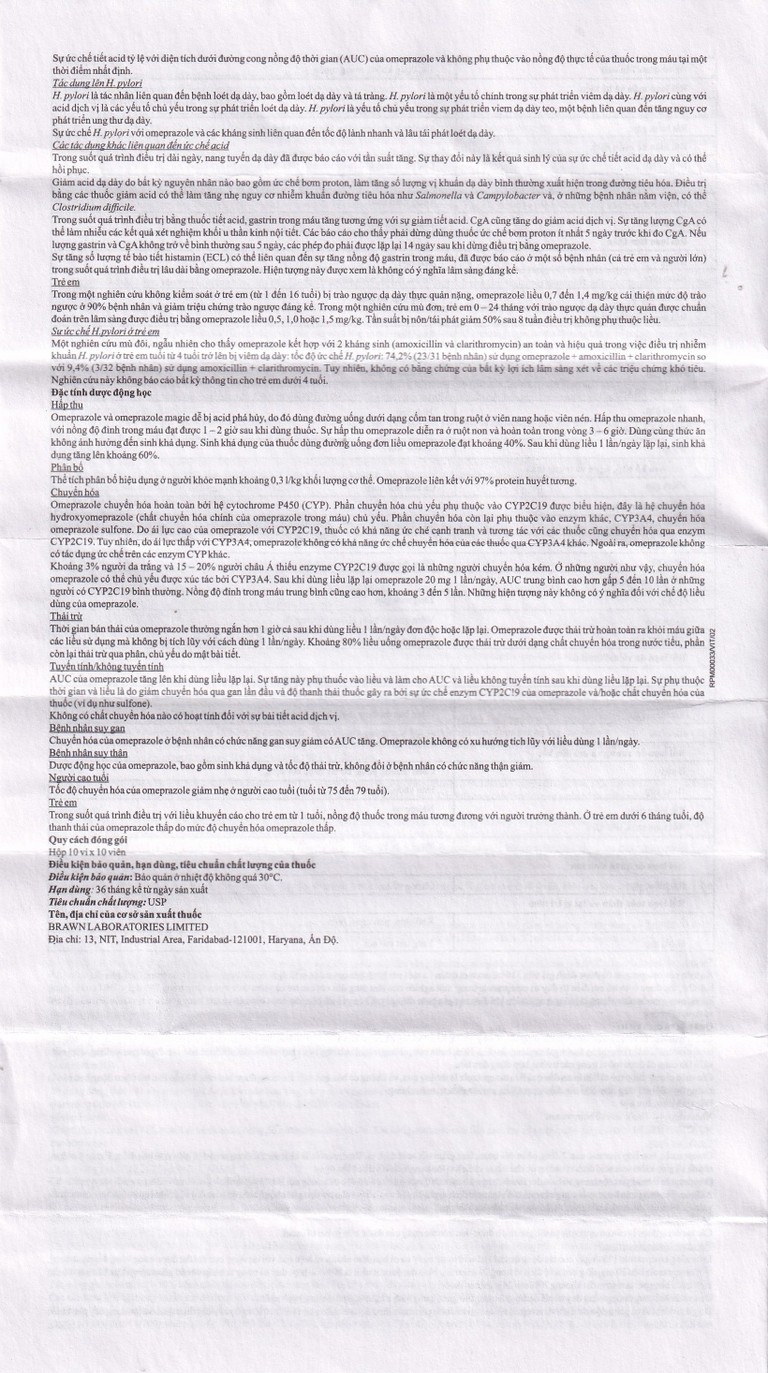 Thuốc Omeprazole 20mg Delayed Release Brawn điều trị loét dạ dày tá tràng (10 vỉ x 10 viên)