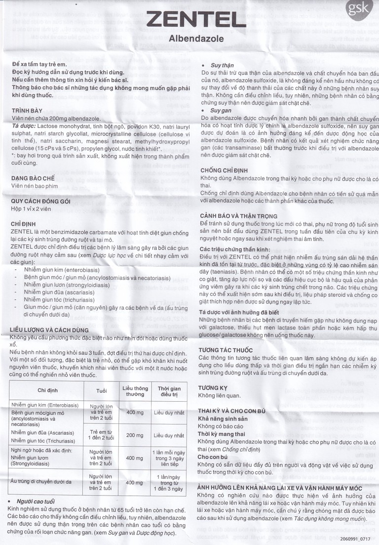 Thuốc Zentel Albendazole 200mg GSK điều trị các loại giun đường ruột nhạy cảm (1 vỉ x 2 viên)