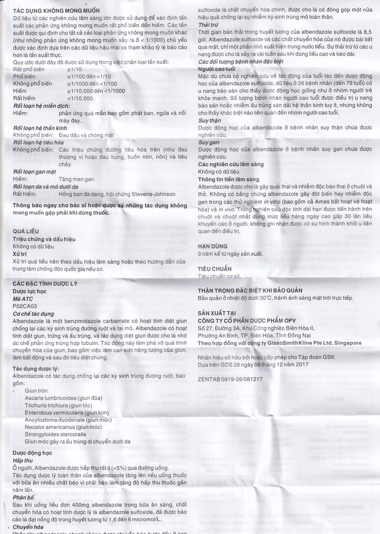 Thuốc Zentel Albendazole 200mg GSK điều trị các loại giun đường ruột nhạy cảm (1 vỉ x 2 viên)